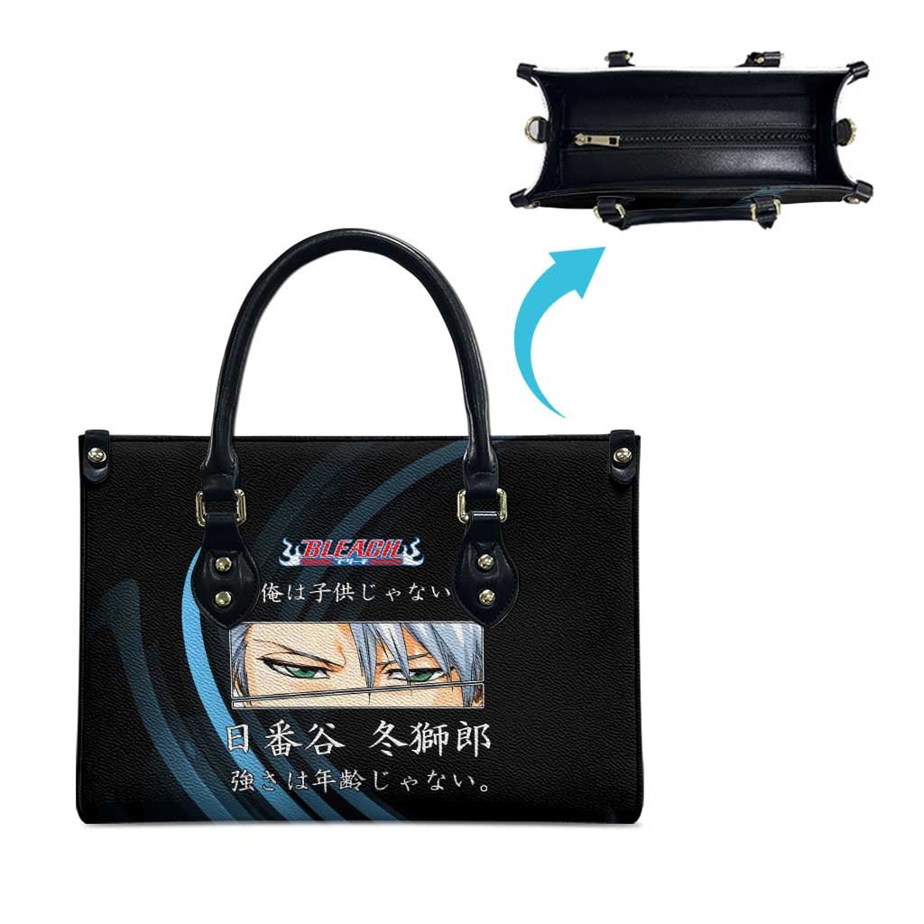 Toshiro Hitsugaya Bleach Anime Black and Blue Theme Leather Bag with Ice Dragon Elements and Japanese Quote Design - The Mazicc