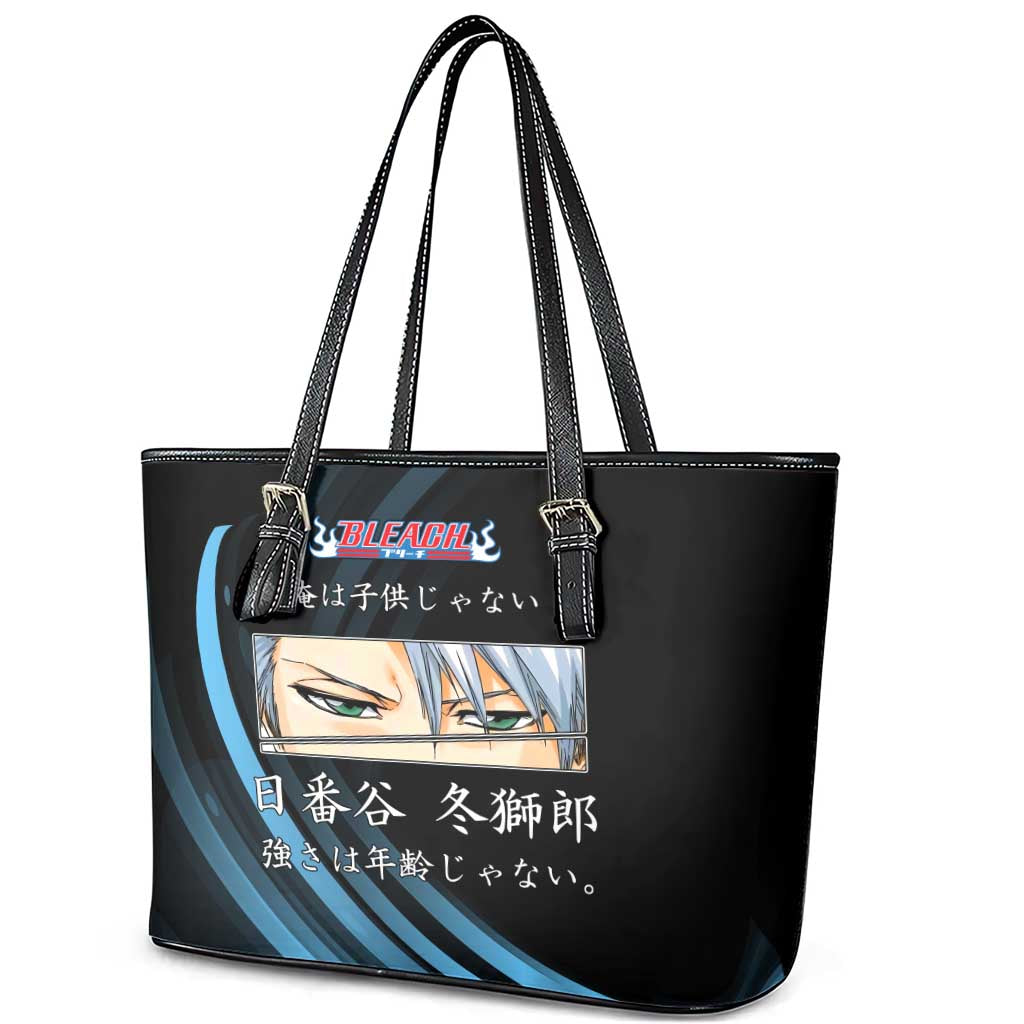 Toshiro Hitsugaya Bleach Anime Black and Blue Theme Leather Tote Bag with Ice Dragon Elements and Japanese Quote Design - The Mazicc