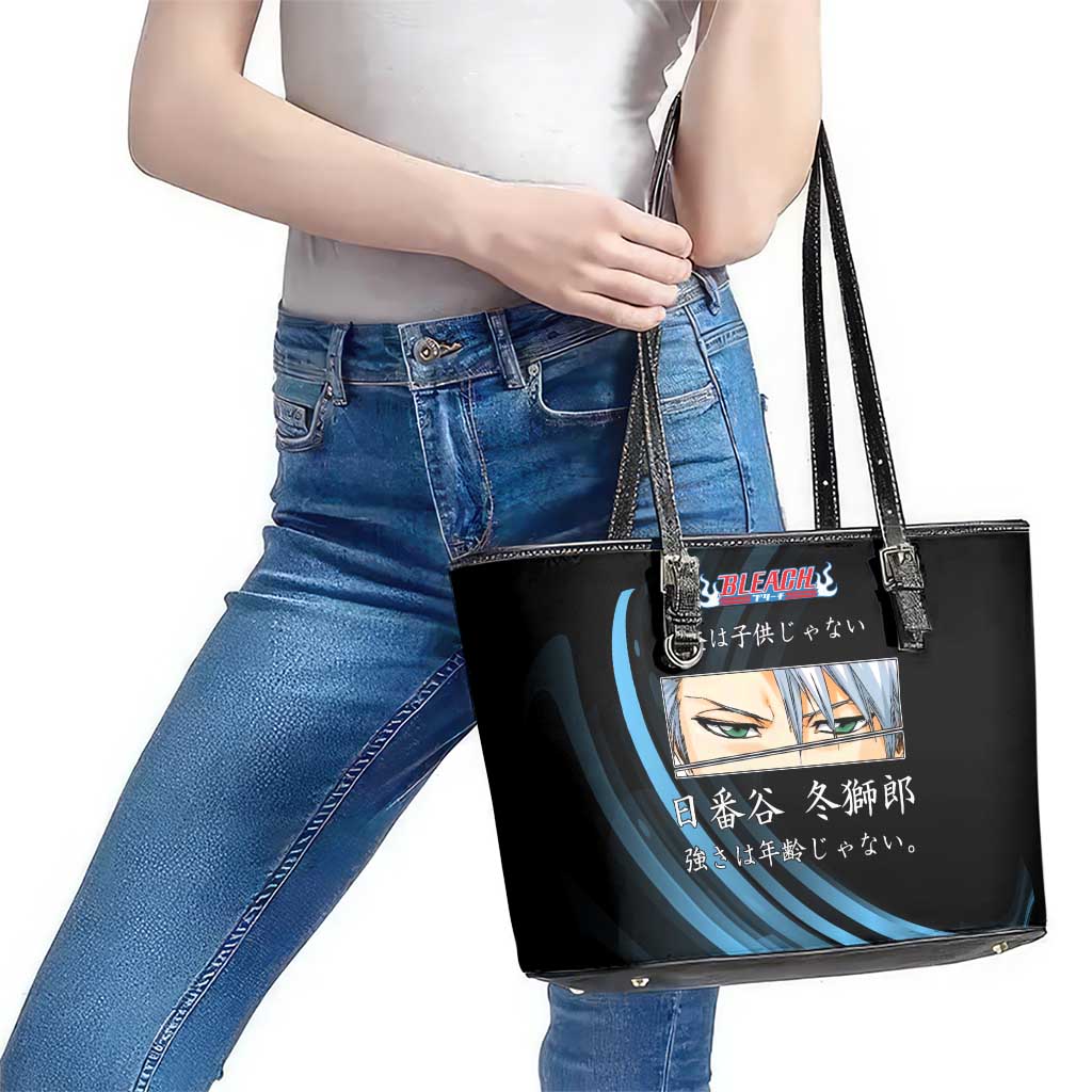 Toshiro Hitsugaya Bleach Anime Black and Blue Theme Leather Tote Bag with Ice Dragon Elements and Japanese Quote Design - The Mazicc