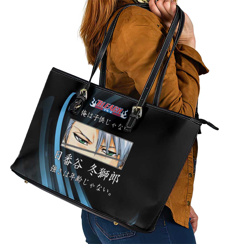 Toshiro Hitsugaya Bleach Anime Black and Blue Theme Leather Tote Bag with Ice Dragon Elements and Japanese Quote Design - The Mazicc