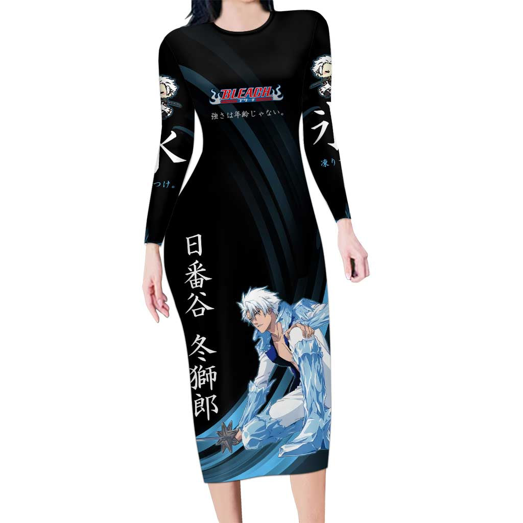 Toshiro Hitsugaya Bleach Anime Black and Blue Theme Long Sleeve Bodycon Dress with Ice Dragon Elements and Japanese Quote Design - The Mazicc