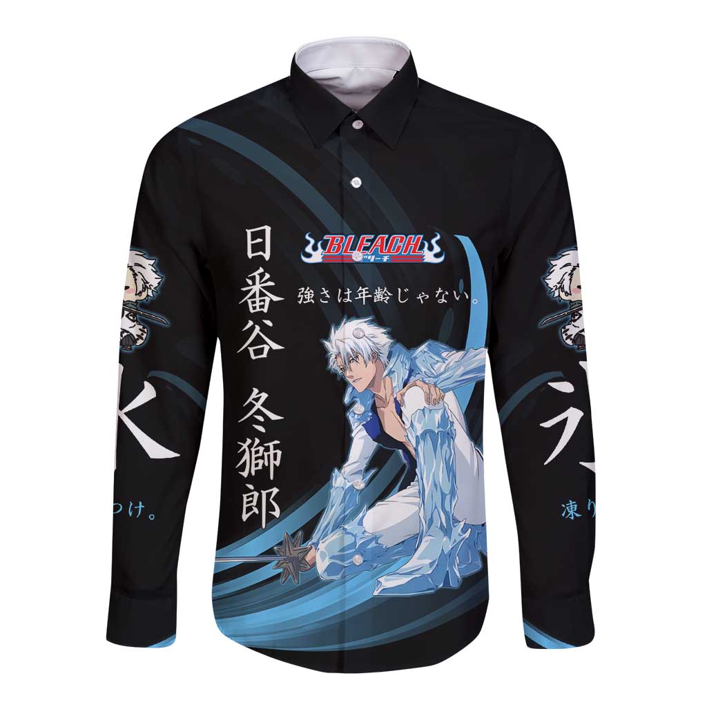 Toshiro Hitsugaya Bleach Anime Black and Blue Theme Long Sleeve Button Shirt with Ice Dragon Elements and Japanese Quote Design - The Mazicc