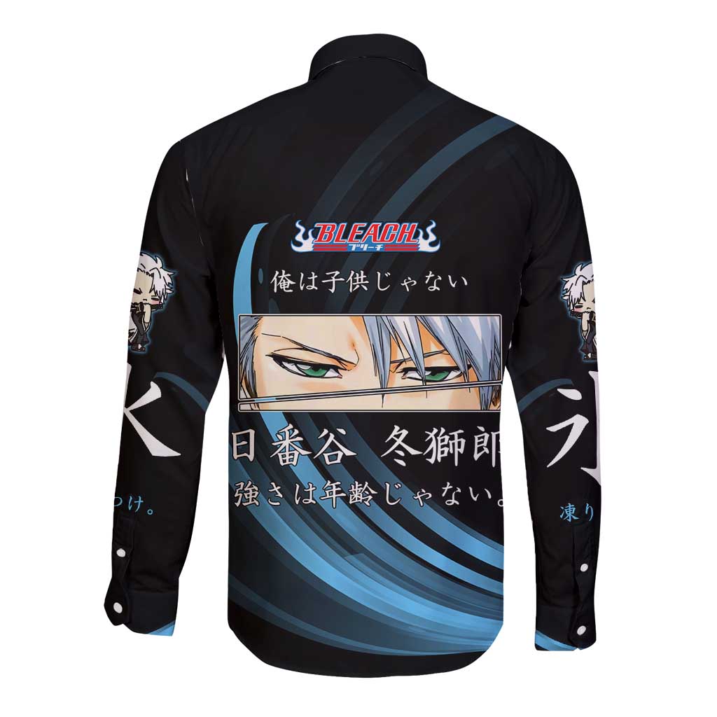 Toshiro Hitsugaya Bleach Anime Black and Blue Theme Long Sleeve Button Shirt with Ice Dragon Elements and Japanese Quote Design - The Mazicc