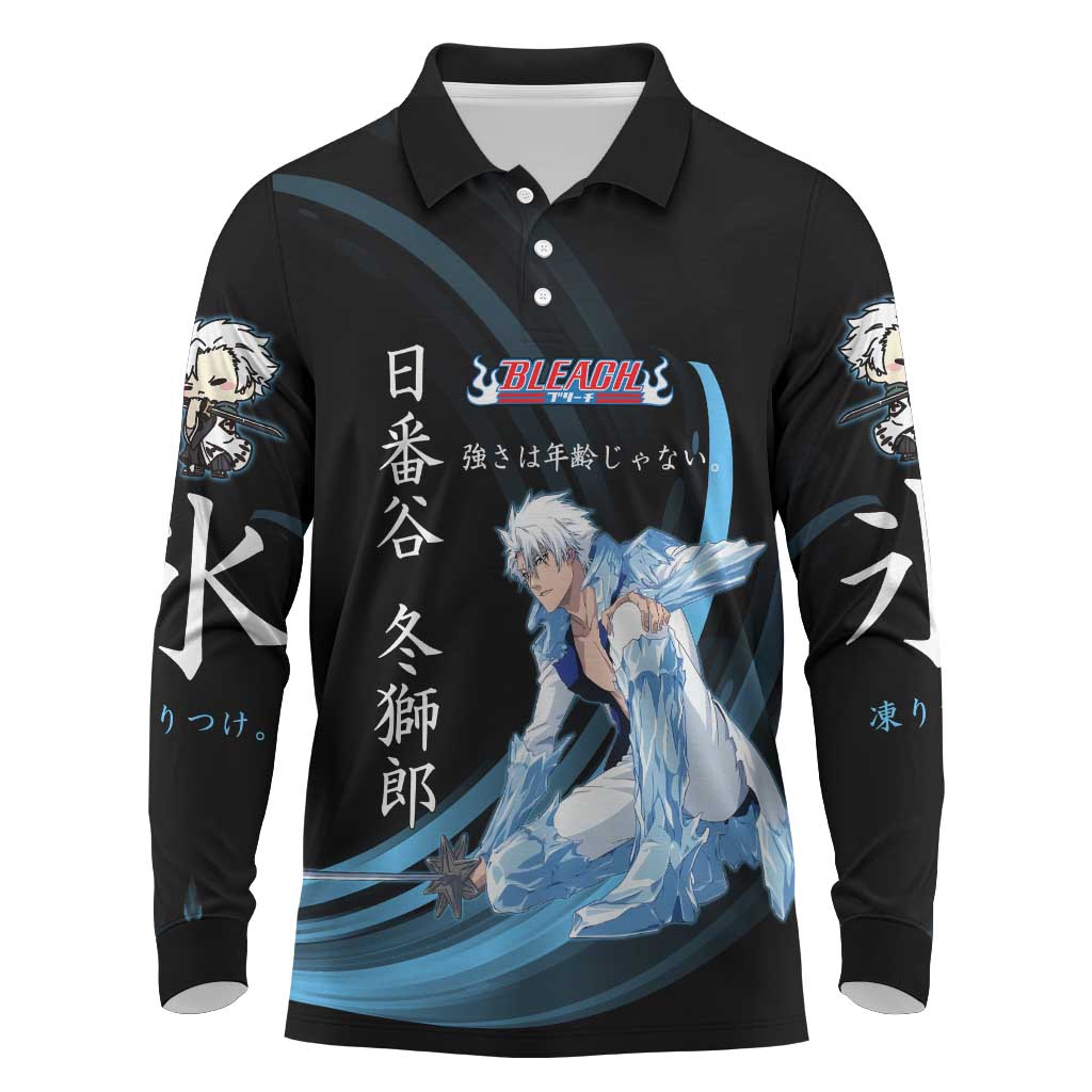 Toshiro Hitsugaya Bleach Anime Black and Blue Theme Long Sleeve Polo Shirt with Ice Dragon Elements and Japanese Quote Design - The Mazicc