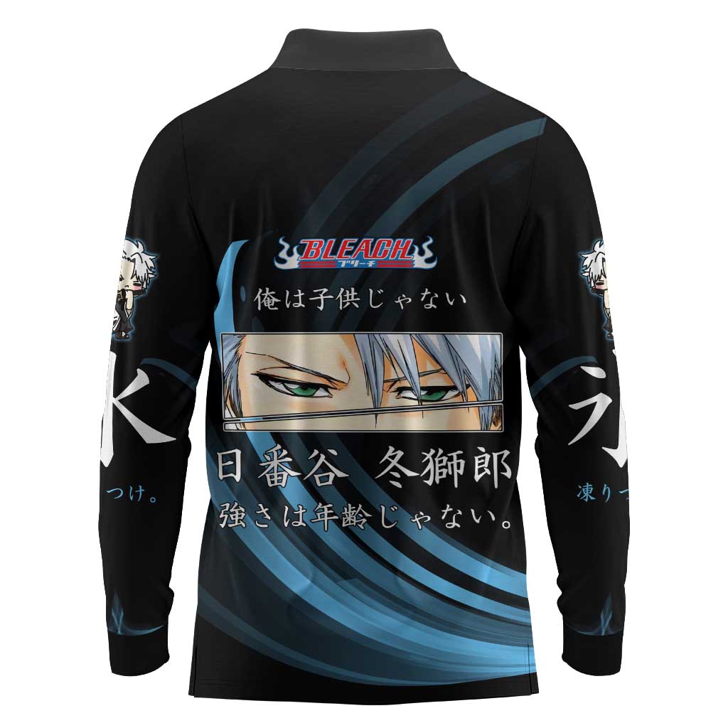 Toshiro Hitsugaya Bleach Anime Black and Blue Theme Long Sleeve Polo Shirt with Ice Dragon Elements and Japanese Quote Design - The Mazicc