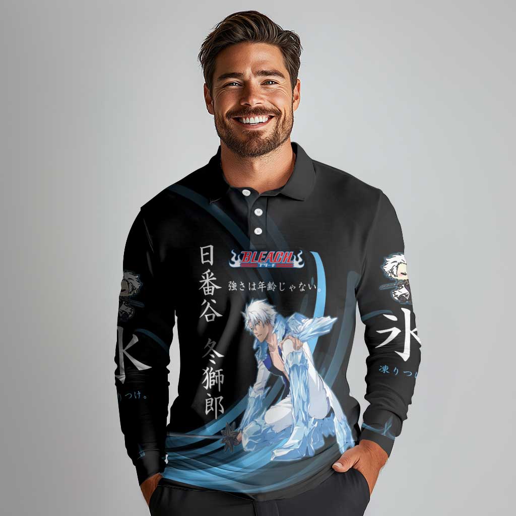 Toshiro Hitsugaya Bleach Anime Black and Blue Theme Long Sleeve Polo Shirt with Ice Dragon Elements and Japanese Quote Design - The Mazicc