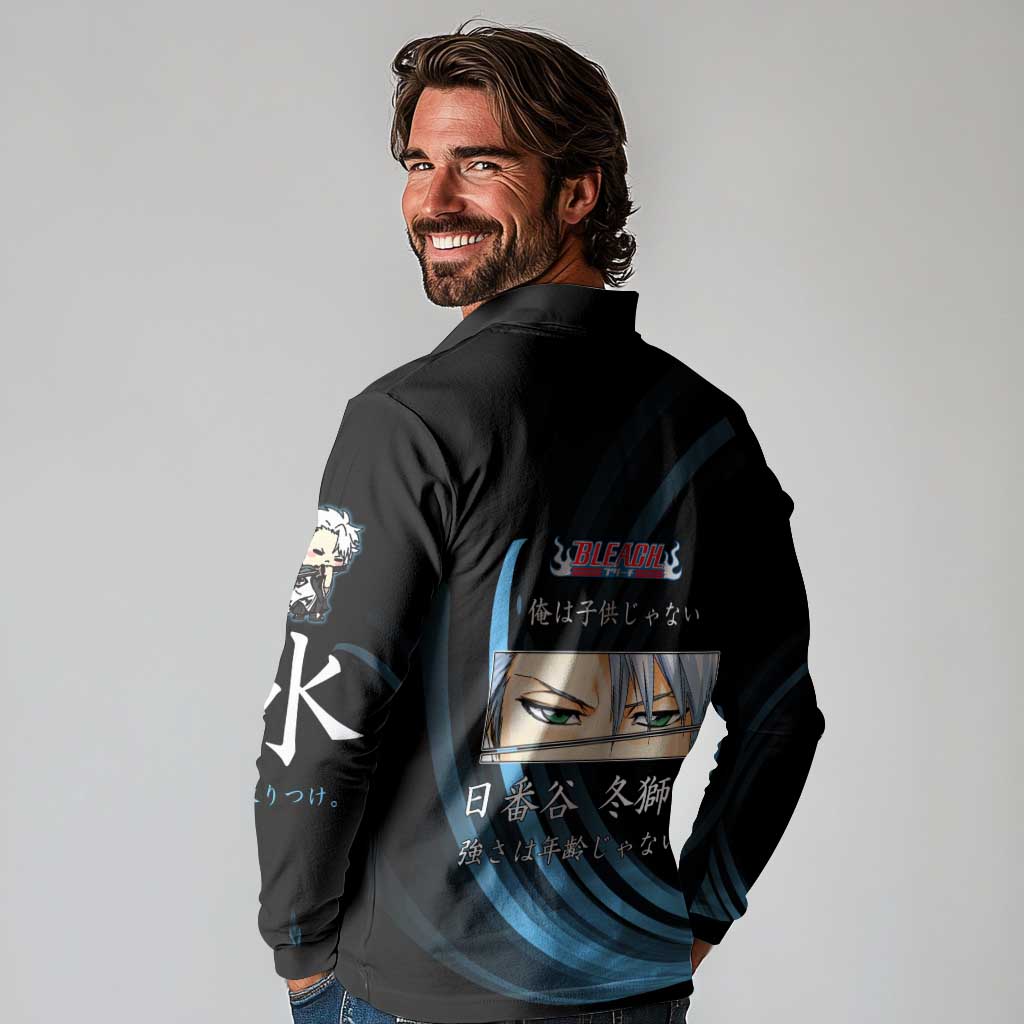 Toshiro Hitsugaya Bleach Anime Black and Blue Theme Long Sleeve Polo Shirt with Ice Dragon Elements and Japanese Quote Design - The Mazicc
