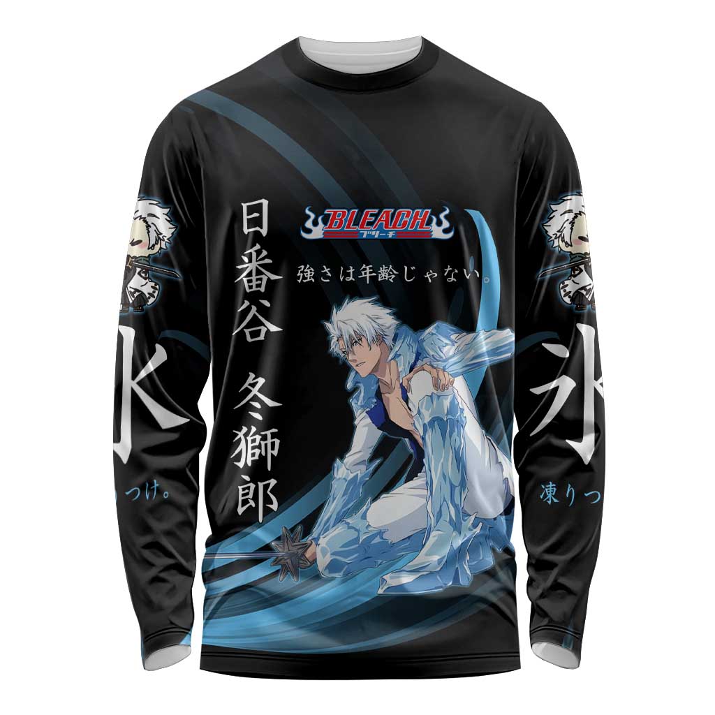 Toshiro Hitsugaya Bleach Anime Black and Blue Theme Long Sleeve Shirt with Ice Dragon Elements and Japanese Quote Design - The Mazicc