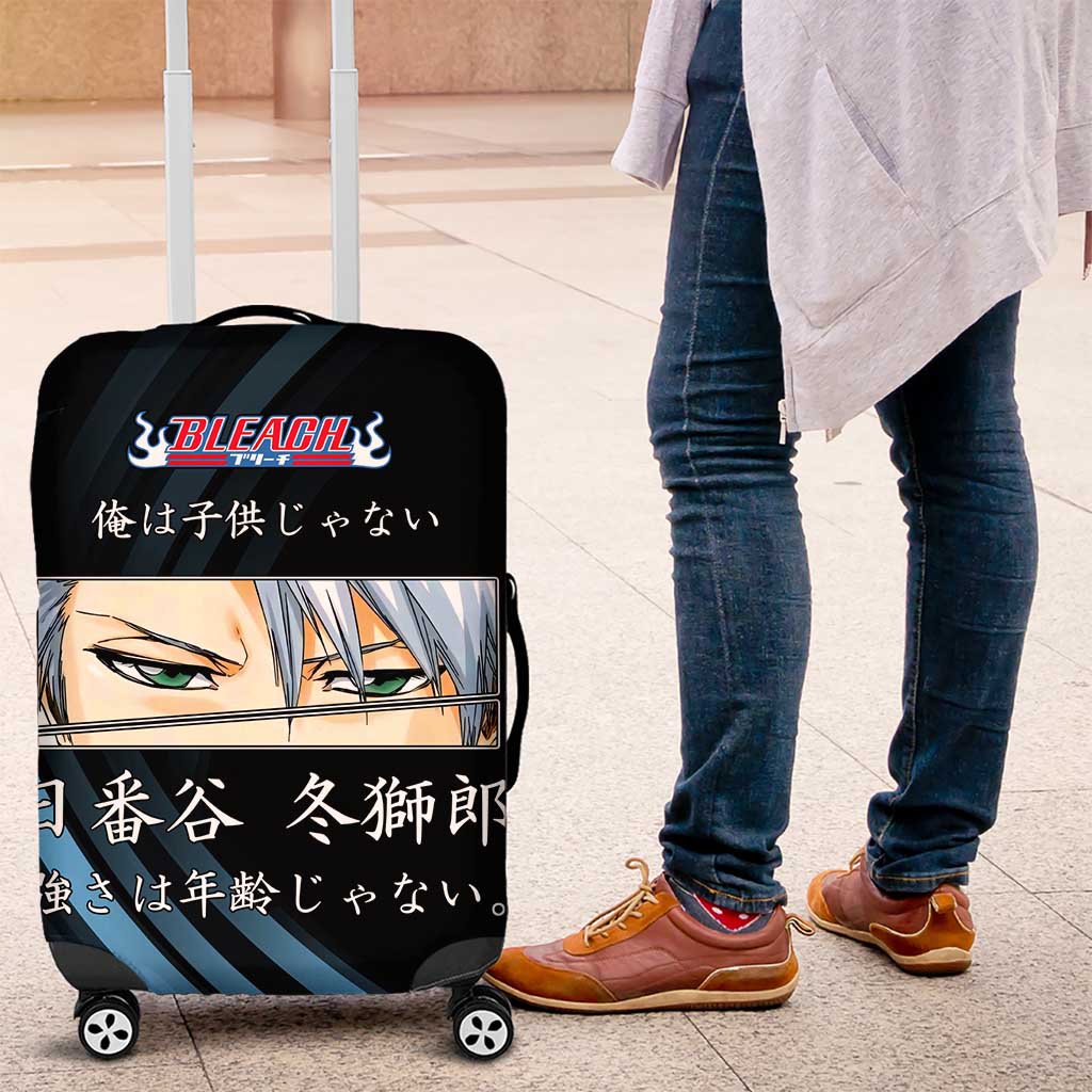 Toshiro Hitsugaya Bleach Anime Black and Blue Theme Luggage Cover with Ice Dragon Elements and Japanese Quote Design - The Mazicc