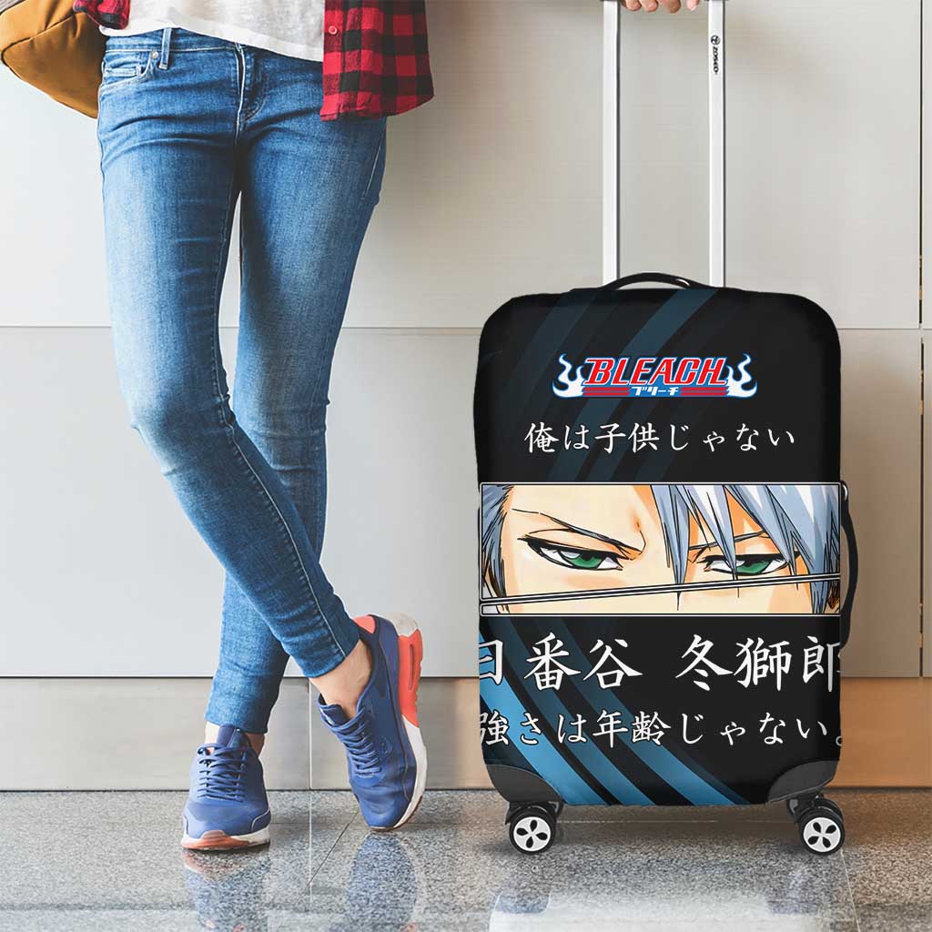 Toshiro Hitsugaya Bleach Anime Black and Blue Theme Luggage Cover with Ice Dragon Elements and Japanese Quote Design - The Mazicc