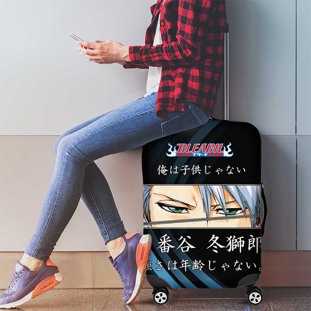 Toshiro Hitsugaya Bleach Anime Black and Blue Theme Luggage Cover with Ice Dragon Elements and Japanese Quote Design - The Mazicc