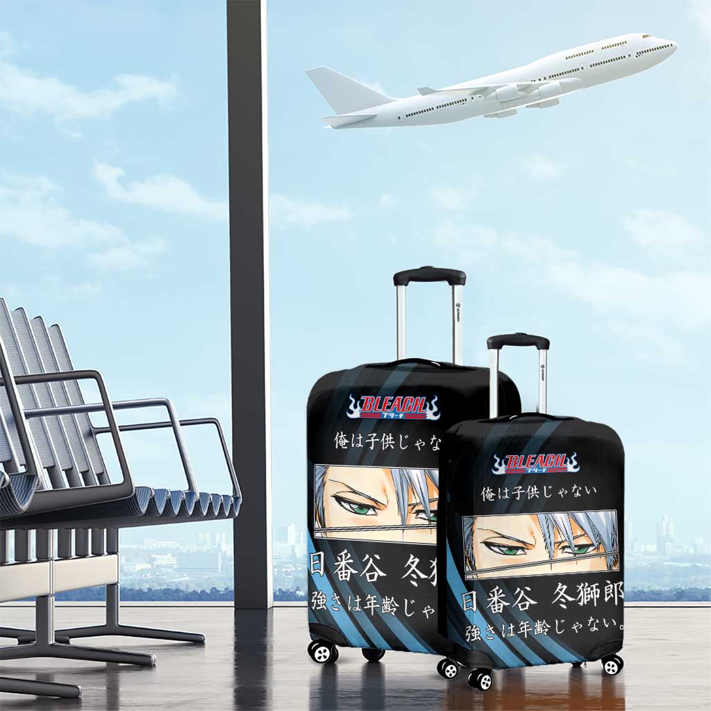 Toshiro Hitsugaya Bleach Anime Black and Blue Theme Luggage Cover with Ice Dragon Elements and Japanese Quote Design - The Mazicc