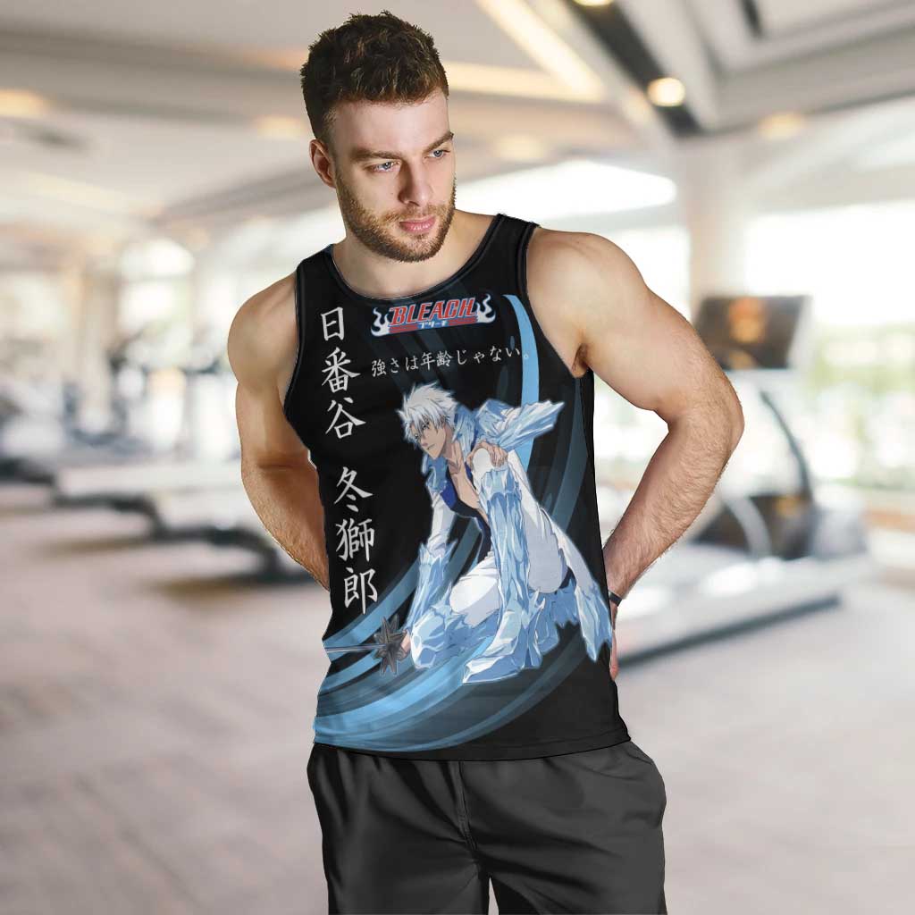 Toshiro Hitsugaya Bleach Anime Black and Blue Theme Men Tank Top with Ice Dragon Elements and Japanese Quote Design - The Mazicc