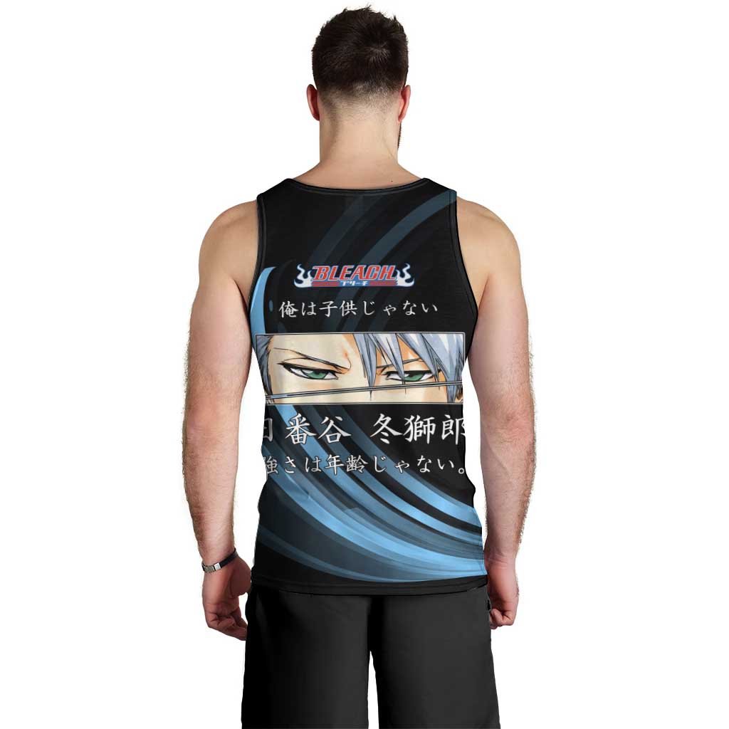 Toshiro Hitsugaya Bleach Anime Black and Blue Theme Men Tank Top with Ice Dragon Elements and Japanese Quote Design - The Mazicc