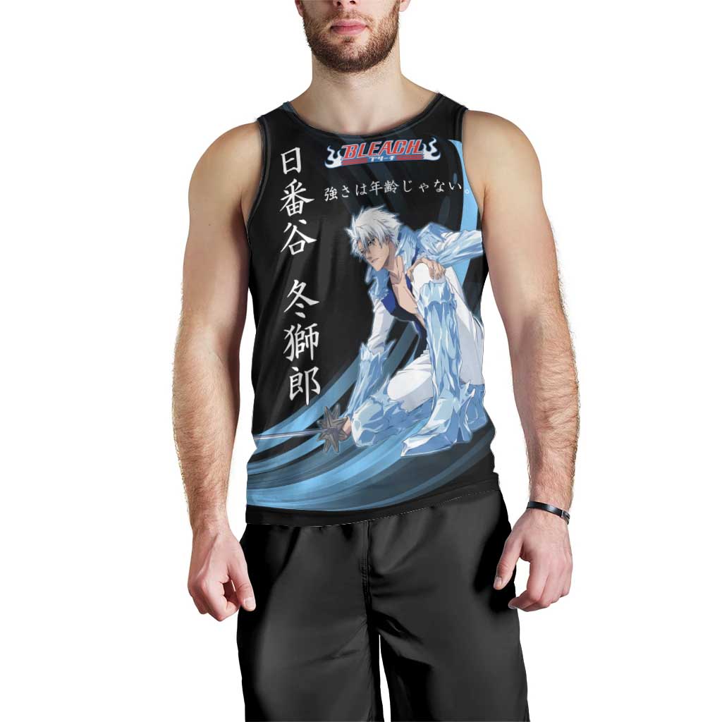Toshiro Hitsugaya Bleach Anime Black and Blue Theme Men Tank Top with Ice Dragon Elements and Japanese Quote Design - The Mazicc