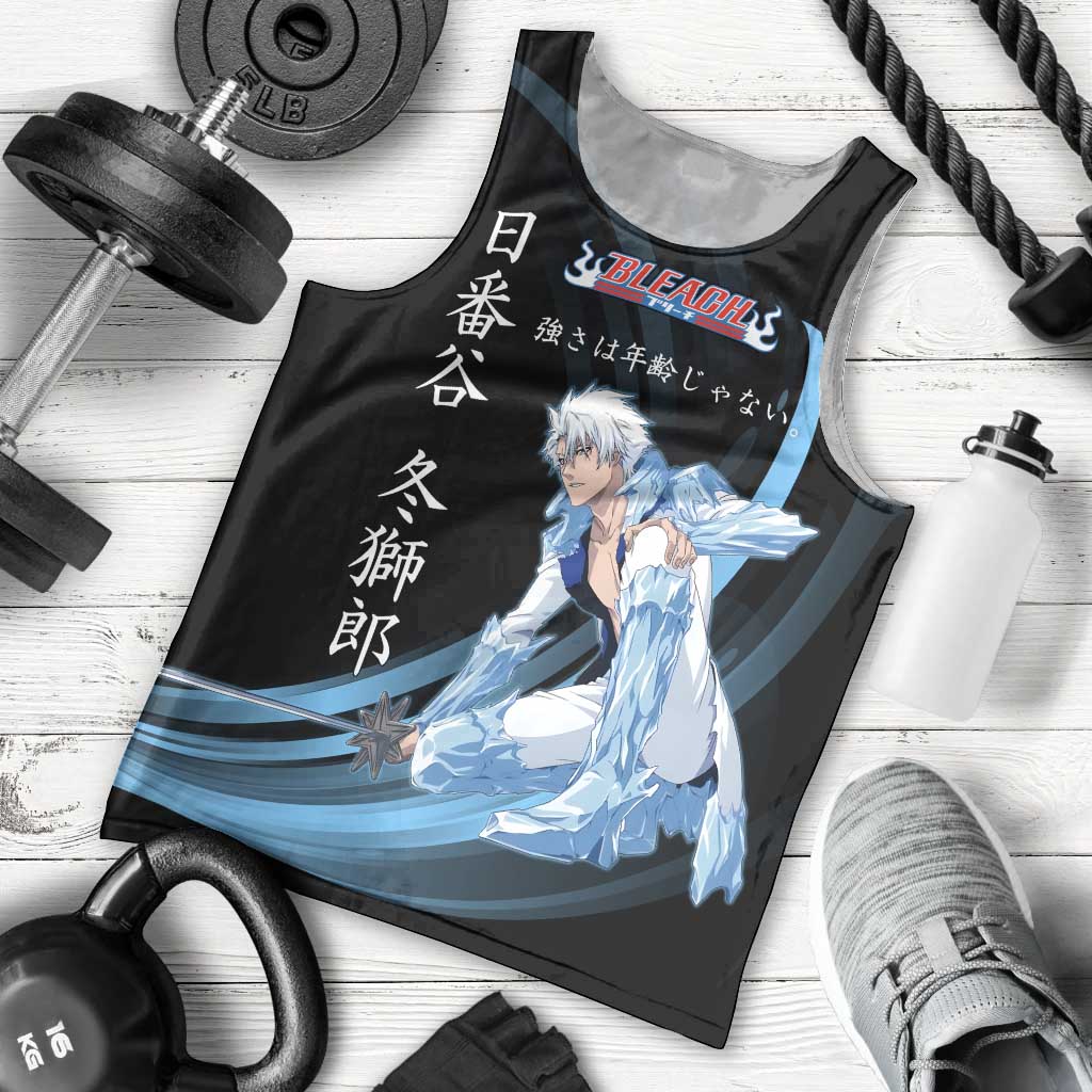 Toshiro Hitsugaya Bleach Anime Black and Blue Theme Men Tank Top with Ice Dragon Elements and Japanese Quote Design - The Mazicc