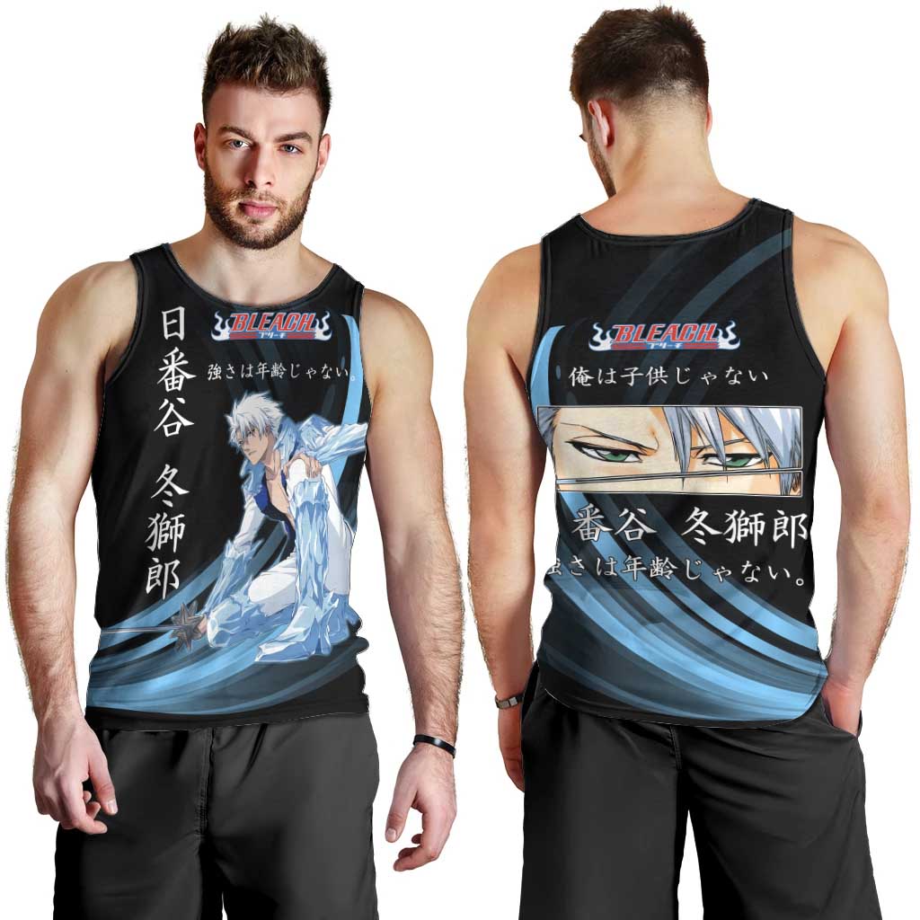 Toshiro Hitsugaya Bleach Anime Black and Blue Theme Men Tank Top with Ice Dragon Elements and Japanese Quote Design - The Mazicc