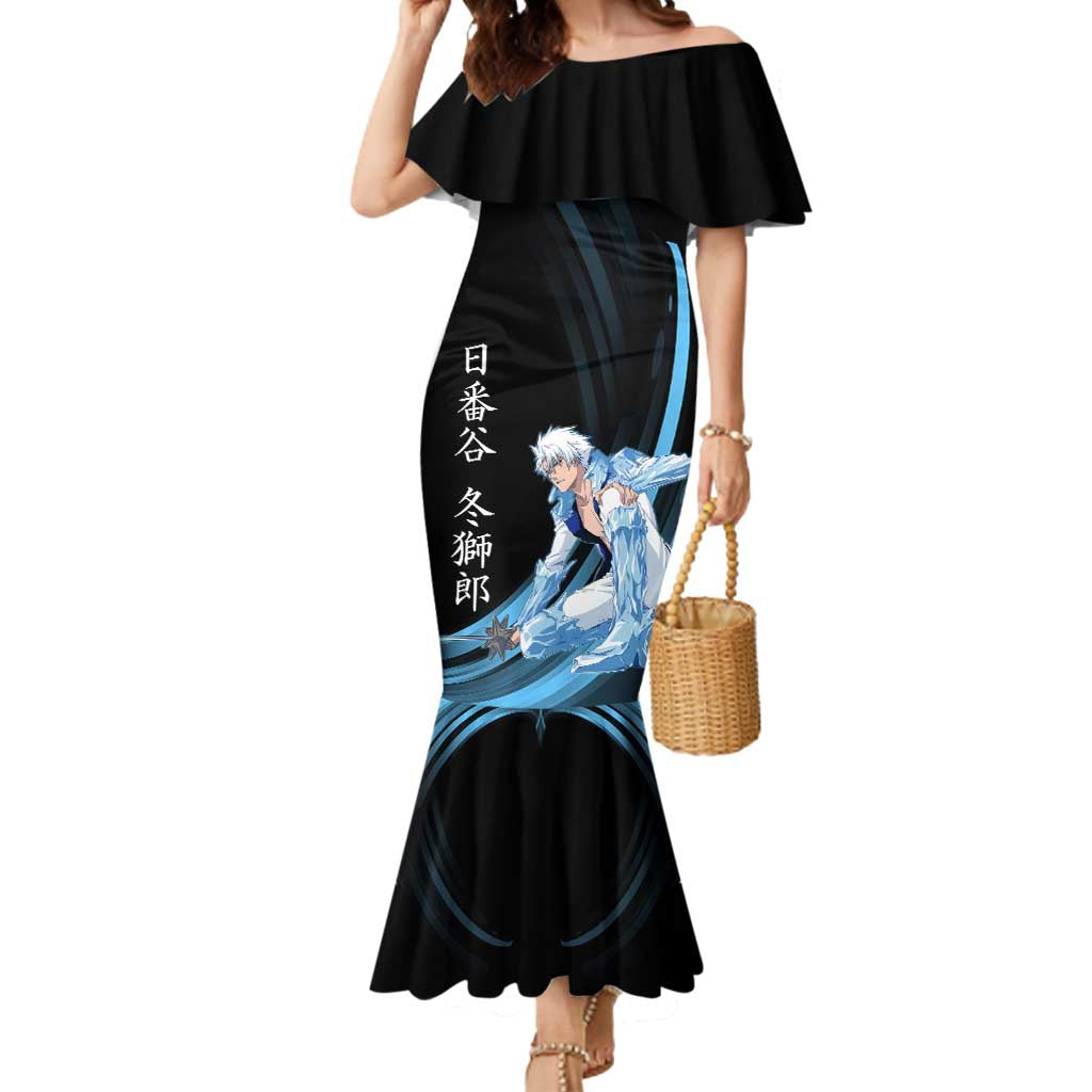 Toshiro Hitsugaya Bleach Anime Black and Blue Theme Mermaid Dress with Ice Dragon Elements and Japanese Quote Design - The Mazicc