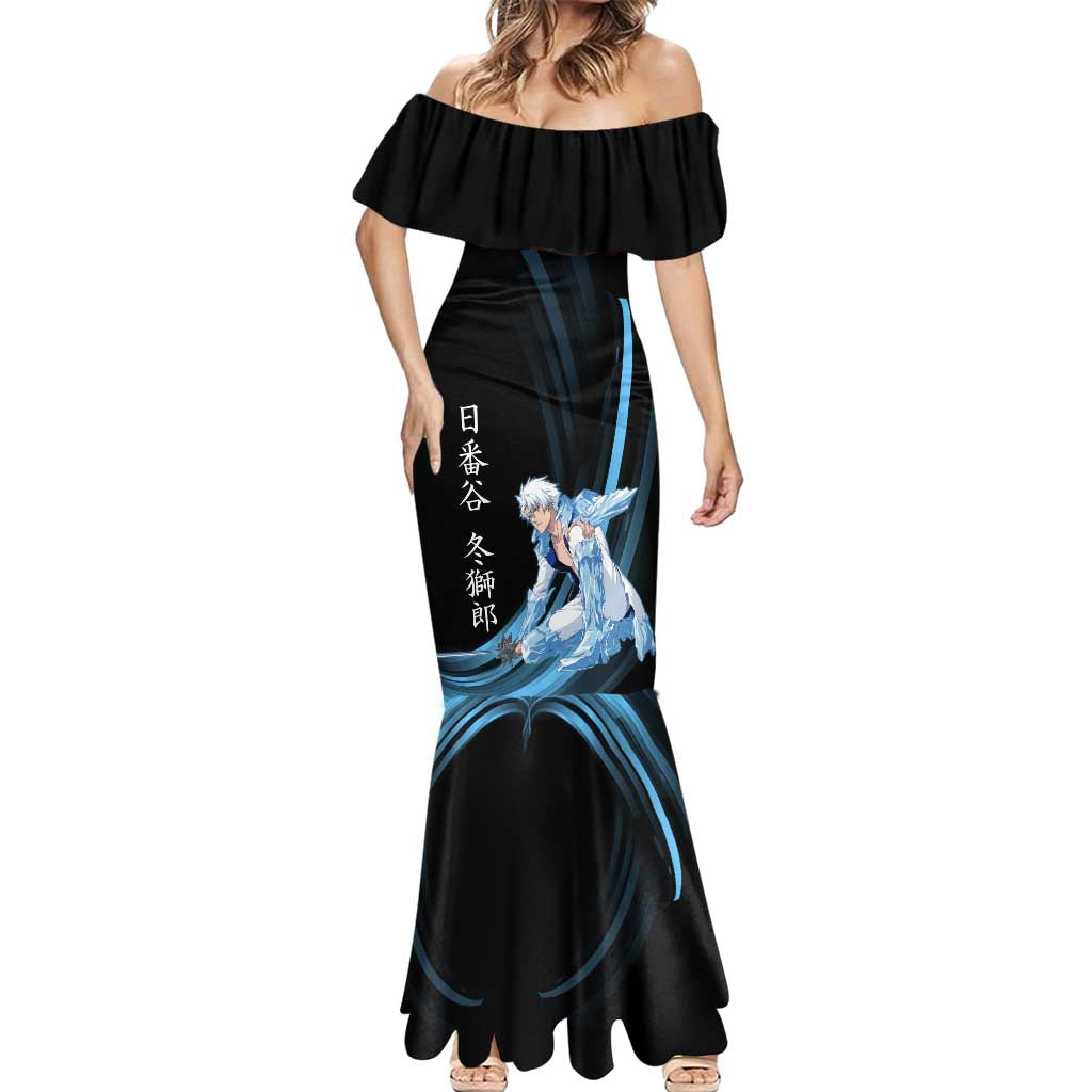 Toshiro Hitsugaya Bleach Anime Black and Blue Theme Mermaid Dress with Ice Dragon Elements and Japanese Quote Design - The Mazicc