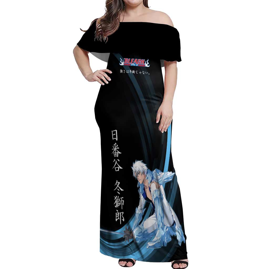 Toshiro Hitsugaya Bleach Anime Black and Blue Theme Off Shoulder Maxi Dress with Ice Dragon Elements and Japanese Quote Design - The Mazicc