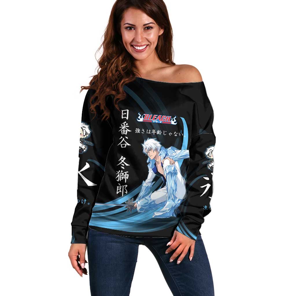 Toshiro Hitsugaya Bleach Anime Black and Blue Theme Off Shoulder Sweater with Ice Dragon Elements and Japanese Quote Design - The Mazicc