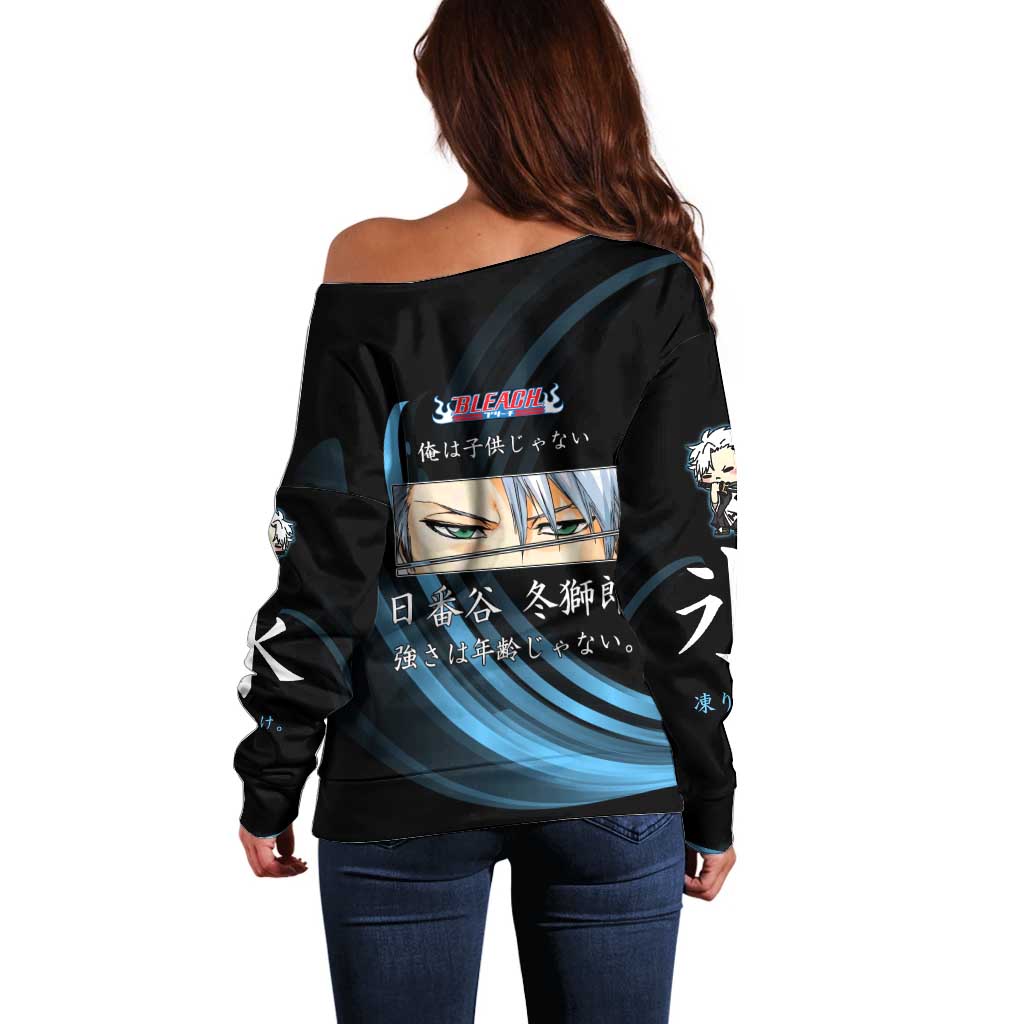 Toshiro Hitsugaya Bleach Anime Black and Blue Theme Off Shoulder Sweater with Ice Dragon Elements and Japanese Quote Design - The Mazicc