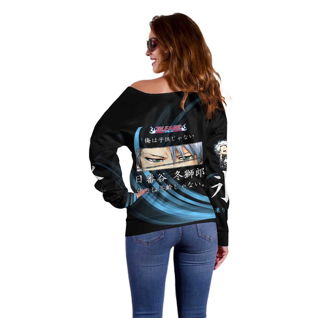 Toshiro Hitsugaya Bleach Anime Black and Blue Theme Off Shoulder Sweater with Ice Dragon Elements and Japanese Quote Design - The Mazicc