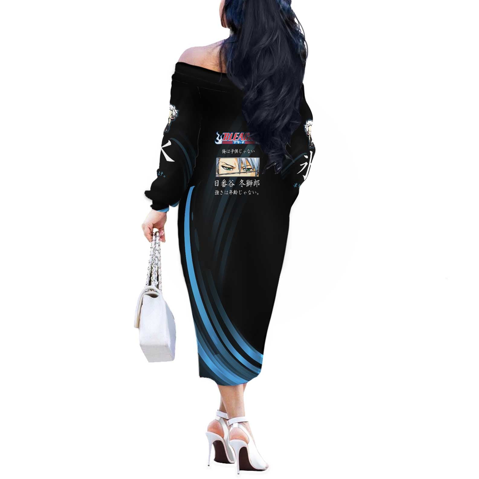 Toshiro Hitsugaya Bleach Anime Black and Blue Theme Off The Shoulder Long Sleeve Dress with Ice Dragon Elements and Japanese Quote Design - The Mazicc