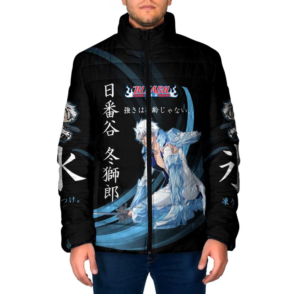 Toshiro Hitsugaya Bleach Anime Black and Blue Theme Padded Jacket with Ice Dragon Elements and Japanese Quote Design - The Mazicc