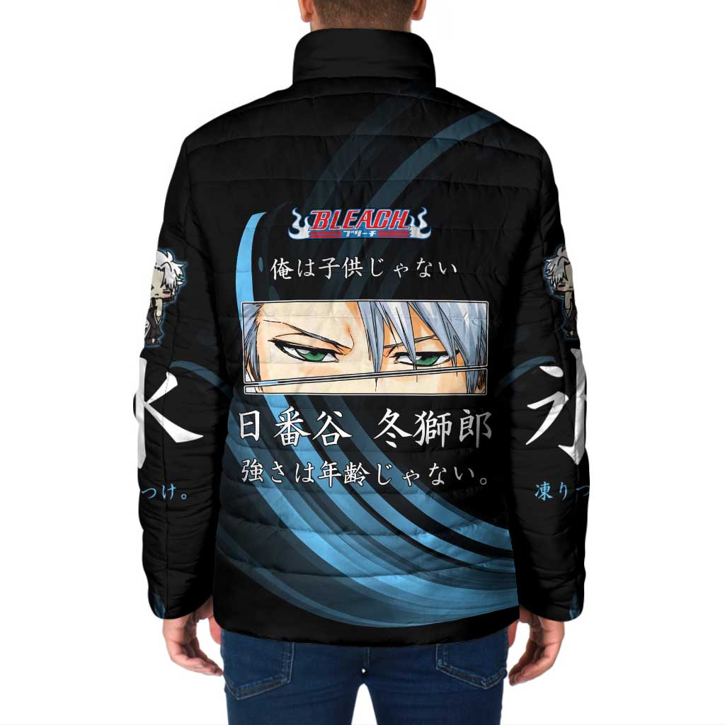 Toshiro Hitsugaya Bleach Anime Black and Blue Theme Padded Jacket with Ice Dragon Elements and Japanese Quote Design - The Mazicc