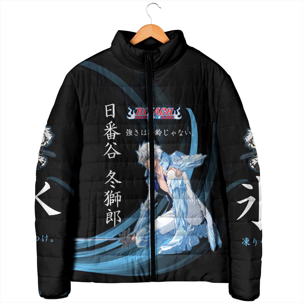 Toshiro Hitsugaya Bleach Anime Black and Blue Theme Padded Jacket with Ice Dragon Elements and Japanese Quote Design - The Mazicc