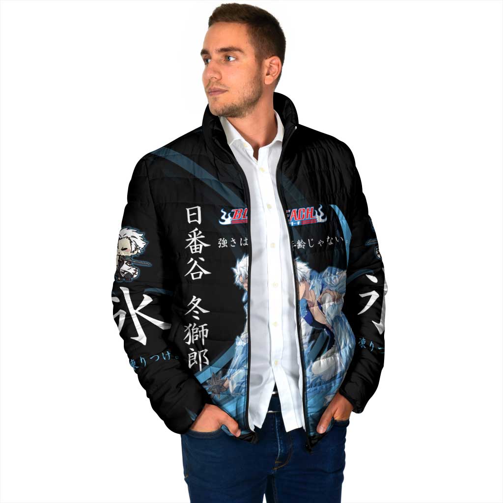 Toshiro Hitsugaya Bleach Anime Black and Blue Theme Padded Jacket with Ice Dragon Elements and Japanese Quote Design - The Mazicc