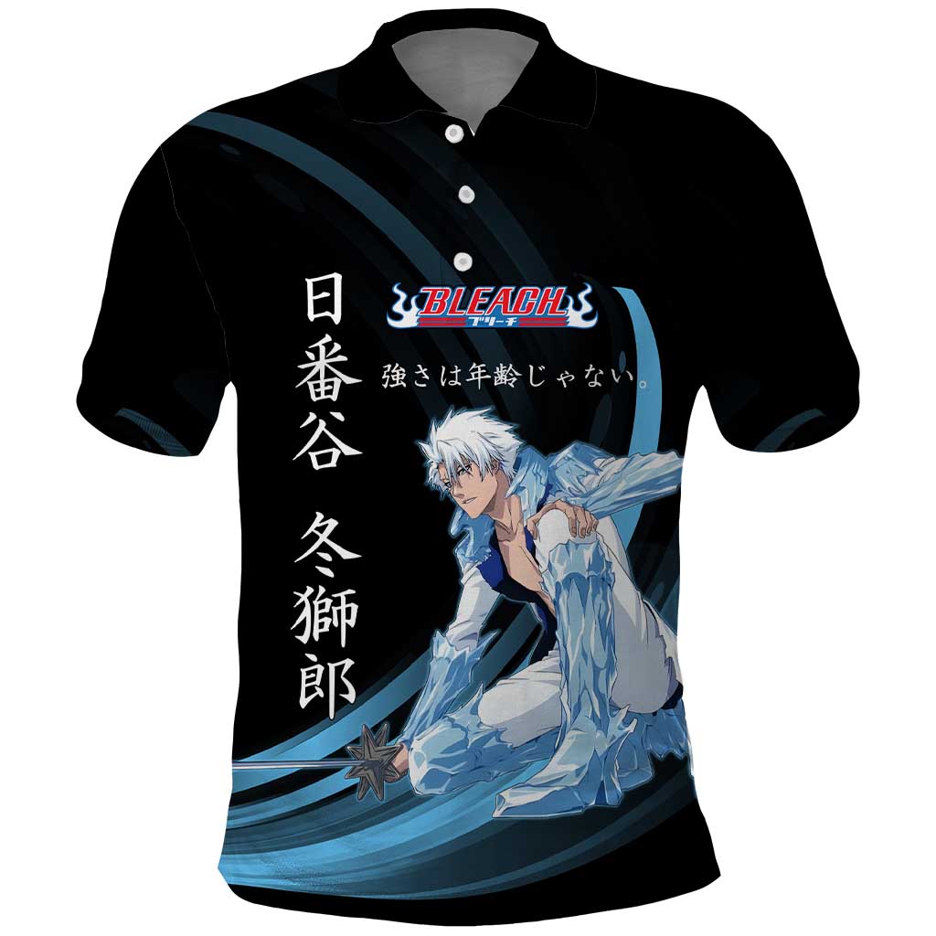 Toshiro Hitsugaya Bleach Anime Black and Blue Theme Polo Shirt with Ice Dragon Elements and Japanese Quote Design - The Mazicc