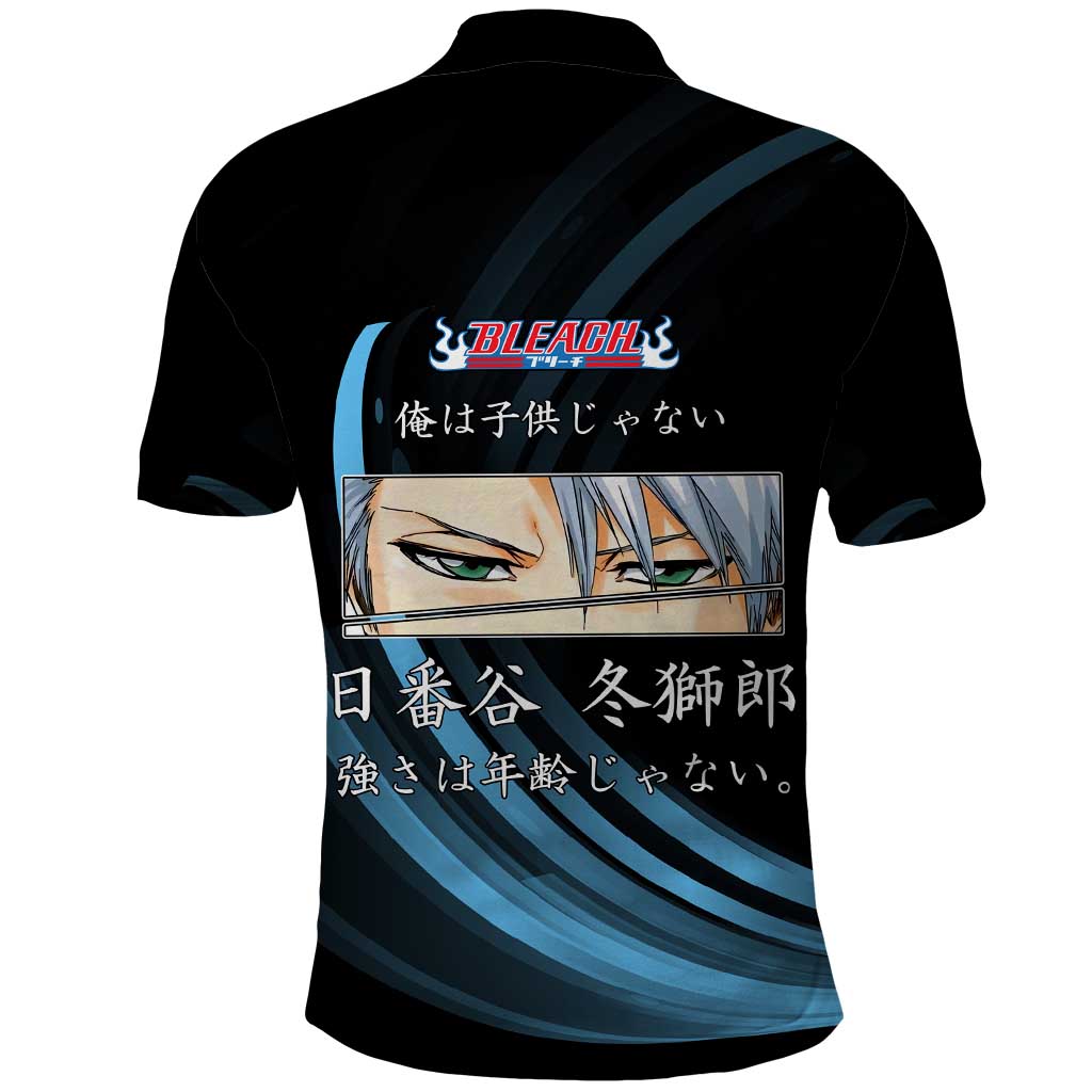 Toshiro Hitsugaya Bleach Anime Black and Blue Theme Polo Shirt with Ice Dragon Elements and Japanese Quote Design - The Mazicc