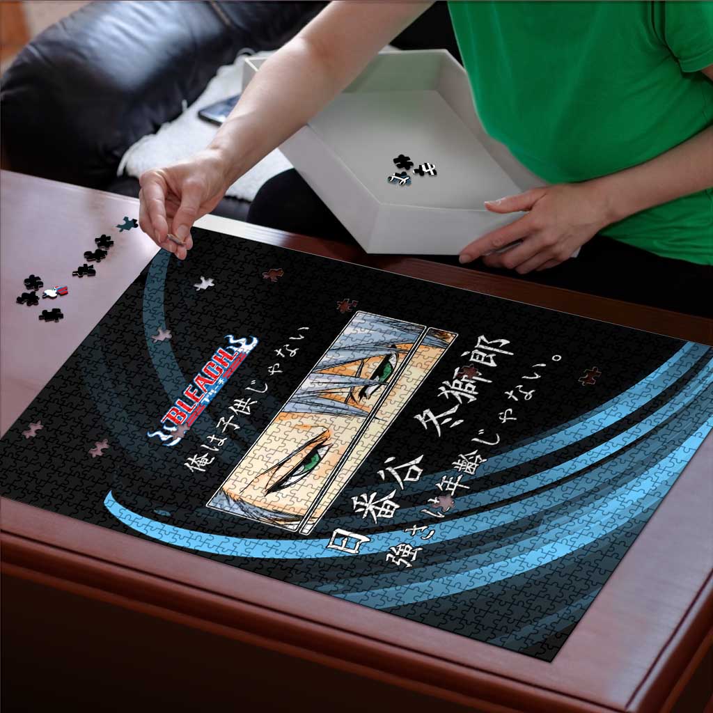Toshiro Hitsugaya Bleach Anime Black and Blue Theme Puzzle with Ice Dragon Elements and Japanese Quote Design - The Mazicc
