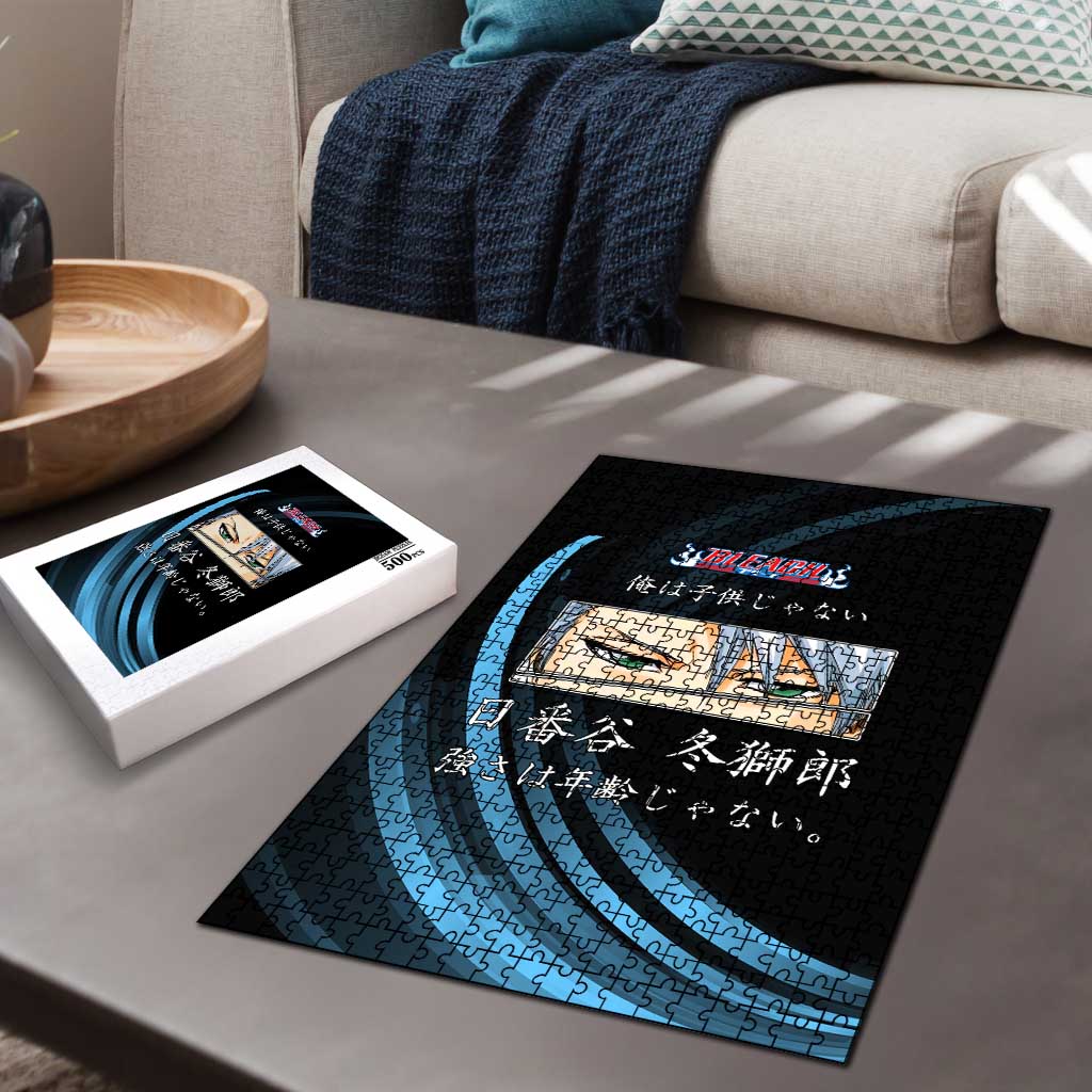 Toshiro Hitsugaya Bleach Anime Black and Blue Theme Puzzle with Ice Dragon Elements and Japanese Quote Design - The Mazicc