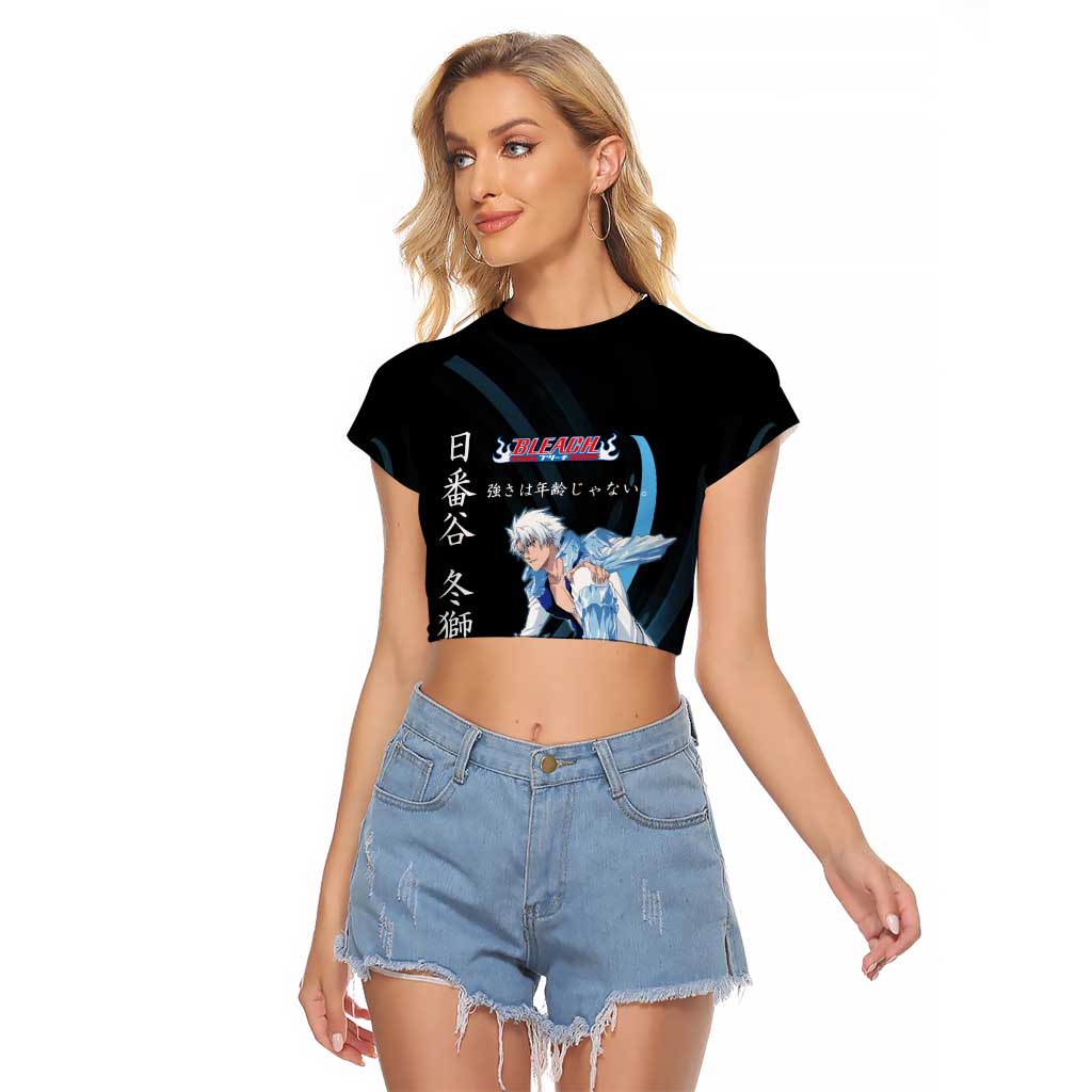 Toshiro Hitsugaya Bleach Anime Black and Blue Theme Raglan Cropped T Shirt with Ice Dragon Elements and Japanese Quote Design - The Mazicc