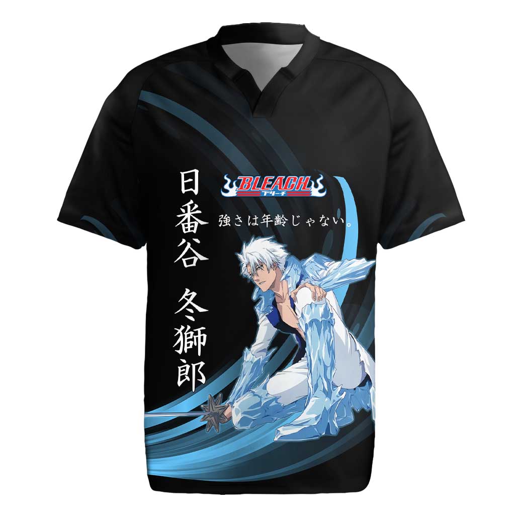 Toshiro Hitsugaya Bleach Anime Black and Blue Theme Rugby Jersey with Ice Dragon Elements and Japanese Quote Design - The Mazicc