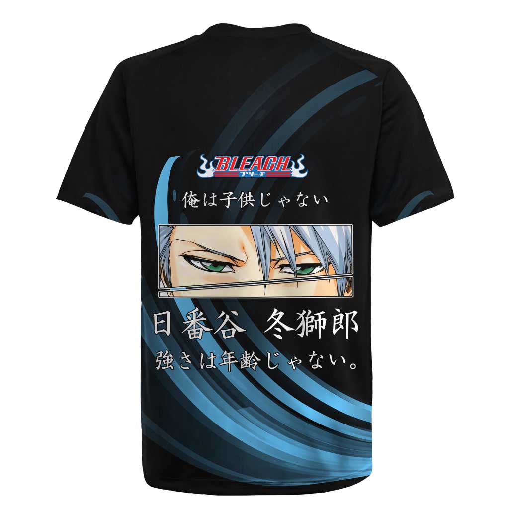 Toshiro Hitsugaya Bleach Anime Black and Blue Theme Rugby Jersey with Ice Dragon Elements and Japanese Quote Design - The Mazicc