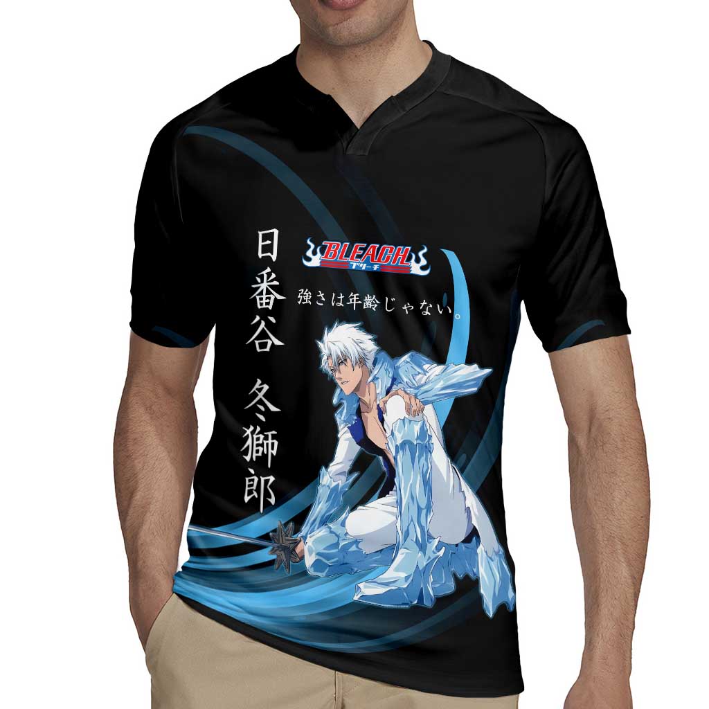 Toshiro Hitsugaya Bleach Anime Black and Blue Theme Rugby Jersey with Ice Dragon Elements and Japanese Quote Design - The Mazicc