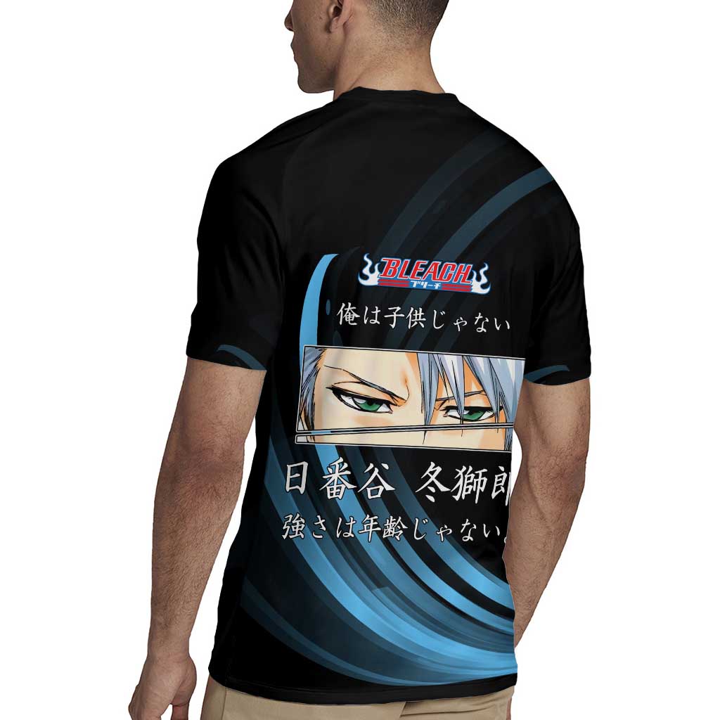Toshiro Hitsugaya Bleach Anime Black and Blue Theme Rugby Jersey with Ice Dragon Elements and Japanese Quote Design - The Mazicc