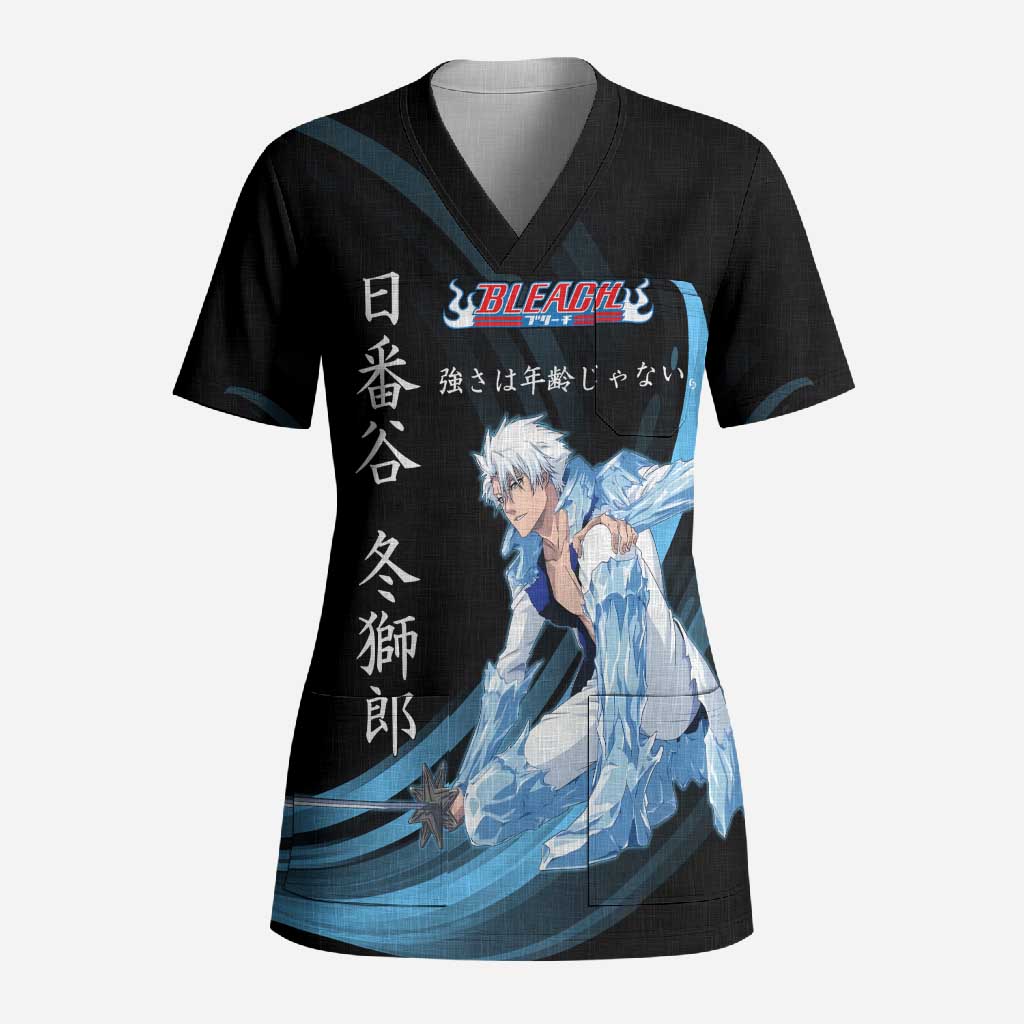 Toshiro Hitsugaya Bleach Anime Black and Blue Theme Scrub Top with Ice Dragon Elements and Japanese Quote Design - The Mazicc