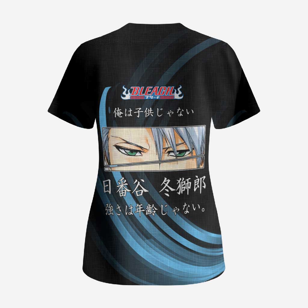 Toshiro Hitsugaya Bleach Anime Black and Blue Theme Scrub Top with Ice Dragon Elements and Japanese Quote Design - The Mazicc