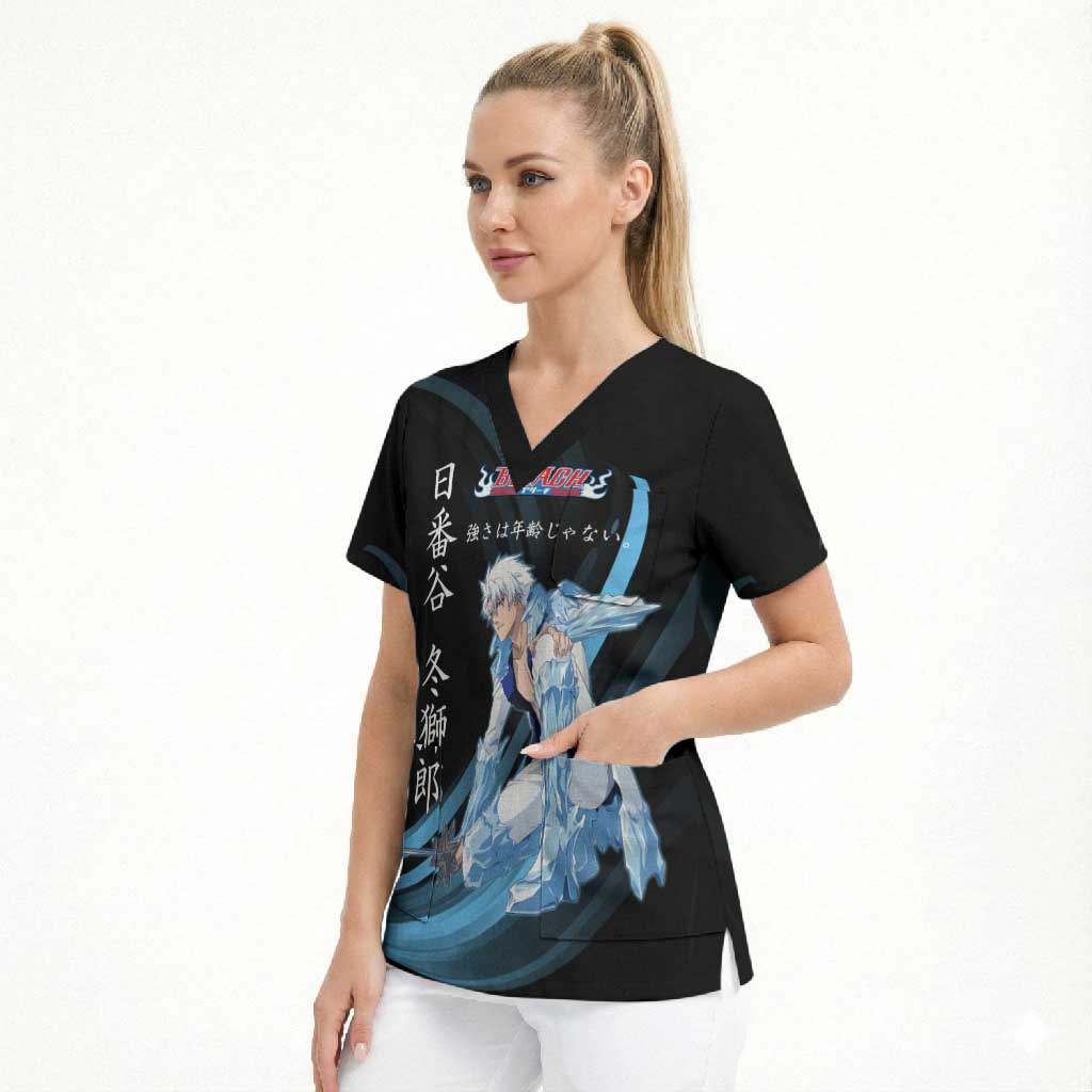 Toshiro Hitsugaya Bleach Anime Black and Blue Theme Scrub Top with Ice Dragon Elements and Japanese Quote Design - The Mazicc