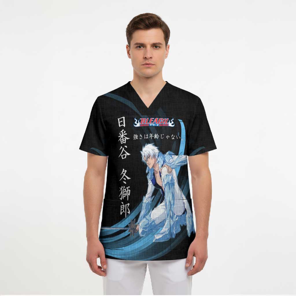 Toshiro Hitsugaya Bleach Anime Black and Blue Theme Scrub Top with Ice Dragon Elements and Japanese Quote Design - The Mazicc