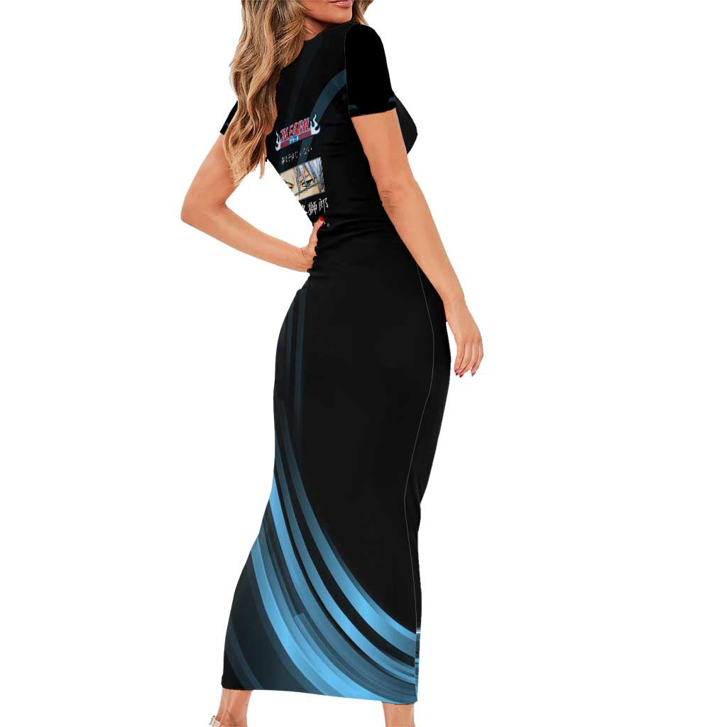 Toshiro Hitsugaya Bleach Anime Black and Blue Theme Short Sleeve Bodycon Dress with Ice Dragon Elements and Japanese Quote Design - The Mazicc