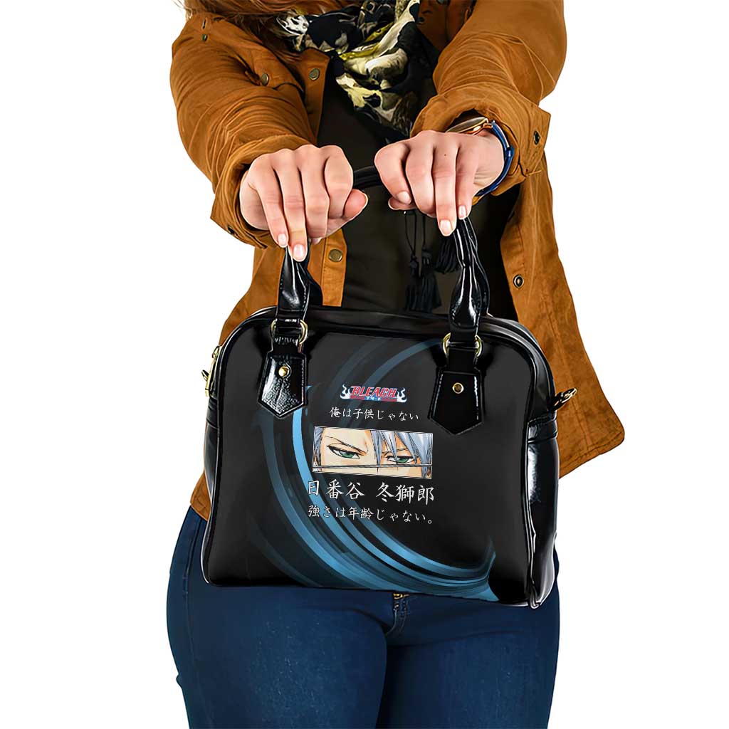 Toshiro Hitsugaya Bleach Anime Black and Blue Theme Shoulder Handbag with Ice Dragon Elements and Japanese Quote Design - The Mazicc