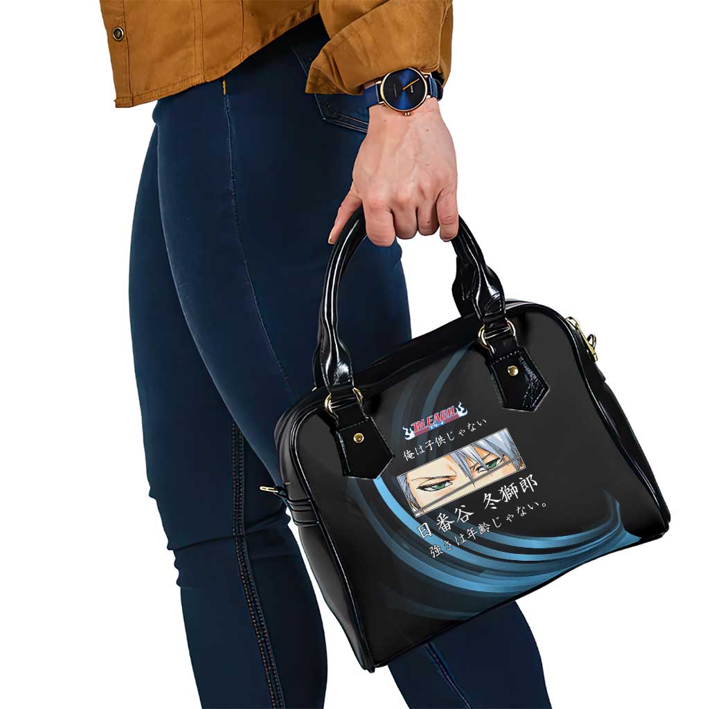 Toshiro Hitsugaya Bleach Anime Black and Blue Theme Shoulder Handbag with Ice Dragon Elements and Japanese Quote Design - The Mazicc