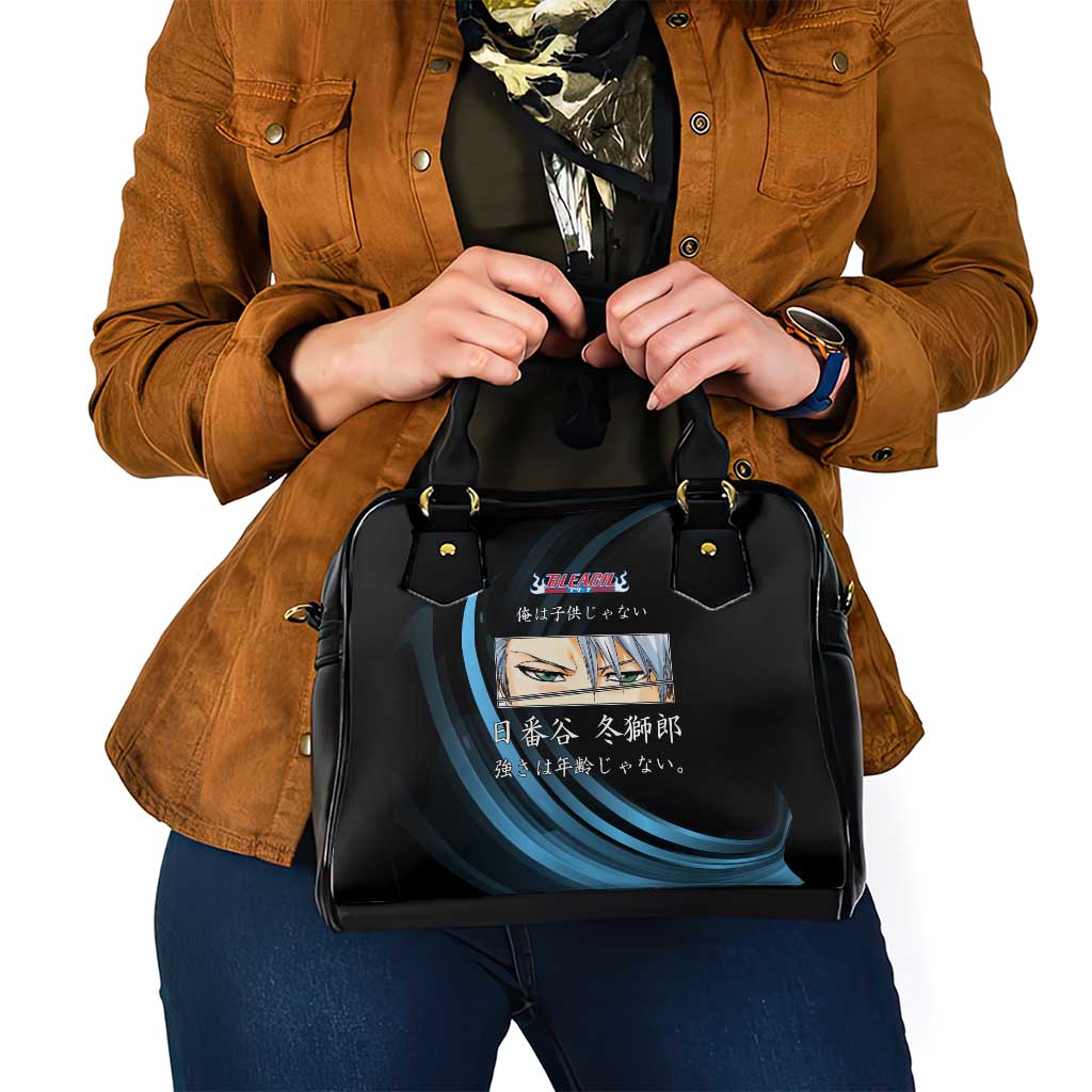Toshiro Hitsugaya Bleach Anime Black and Blue Theme Shoulder Handbag with Ice Dragon Elements and Japanese Quote Design - The Mazicc