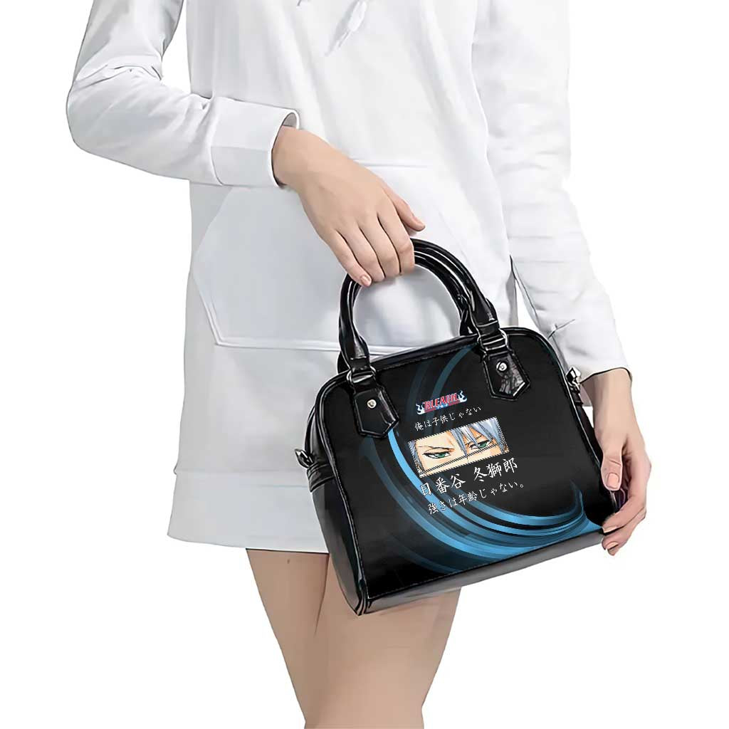 Toshiro Hitsugaya Bleach Anime Black and Blue Theme Shoulder Handbag with Ice Dragon Elements and Japanese Quote Design - The Mazicc